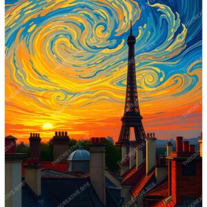 Van Gogh Style Eiffel Tower Sunset Painting Over Paris Rooftops