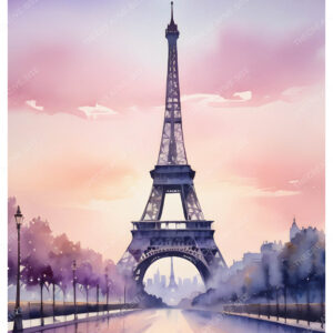 Eiffel Tower Paris Watercolor Painting with Purple Trees
