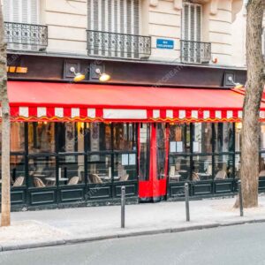 Classic Parisian Café With Red Striped Awning