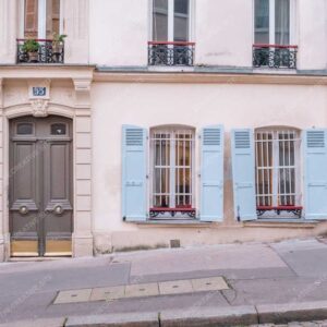 Parisian Building With Blue And White Shutters On Quiet Street