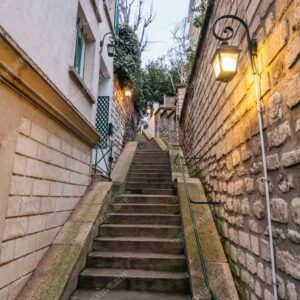 Stone Parisian Stairway With Lanterns At Dusk