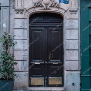 Dark Wooden Parisian Door With Stone Arch And Details