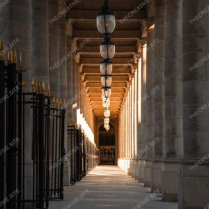 Sunlit Colonnade Walkway With Hanging Lanterns