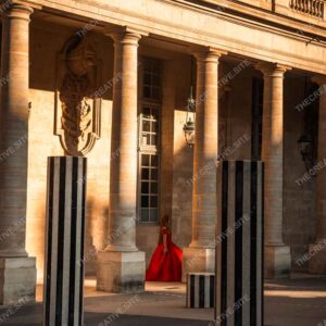 Woman In Red Dress At Sunset In Palais Royal
