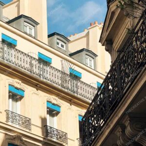 Parisian Building Facade With Blue Window Awnings