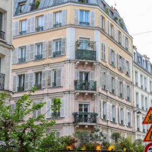 Parisian Corner Café Building with Balconies