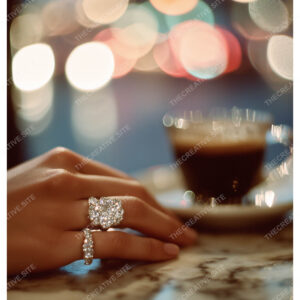 Luxury Diamond Rings with Coffee on Marble Table
