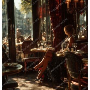 Elegant Woman in Paris Cafe with Golden Sunlight