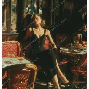 Elegant Woman in Paris Cafe with Golden Sunlight
