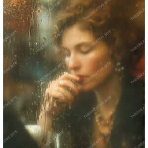 Moody Woman Behind Rainy Window in Paris Cafe