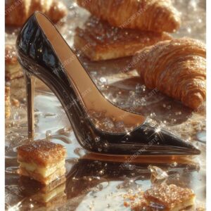 Paris Cafe Heel with Croissant & Diamond Sparkle Poster