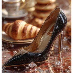 Paris Cafe Heel with Croissant & Diamond Sparkle Poster