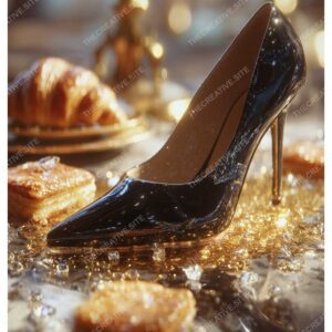 Paris Cafe Heel with Croissant & Diamond Sparkle Poster
