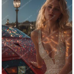 Beautiful Young Woman on Vintage Red Car Bonnet