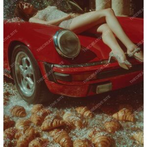 Model on Red Vintage Car with Diamonds and Croissants
