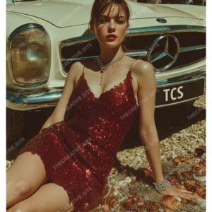 Girl in Red Dress with Luxury Car and Diamonds
