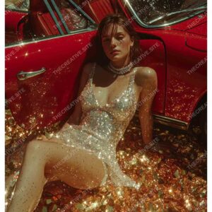 Woman in Glitter Dress with Red Vintage Car