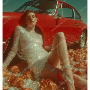 Woman in Glitter Dress with Red Vintage Car