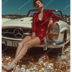 Woman in Glitter Dress with White Vintage Car