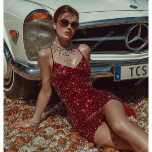 Woman in Red Glitter Dress with White Vintage Car