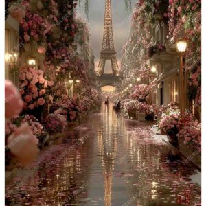 Dreamy Paris with Eiffel Tower and Pink Flowers