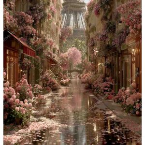 Dreamy Paris with Eiffel Tower and Pink Flowers