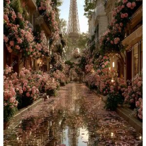 Dreamy Paris with Eiffel Tower and Pink Flowers