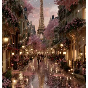 Dreamy Paris with Eiffel Tower and Pink Flowers