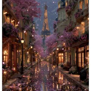 Dreamy Paris with Eiffel Tower and Pink Flowers
