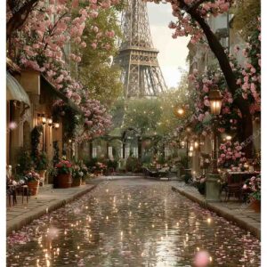 Dreamy Eiffel Tower with Floral Frame and Rainy Paris Vibe