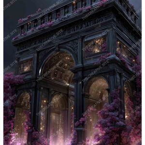Dreamy Arc de Triomphe with Purple Flowers and Rainy Night
