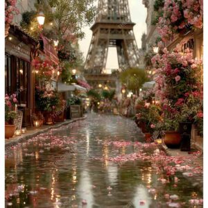 Dreamy Eiffel Tower with Floral Frame and Rainy Paris Vibe