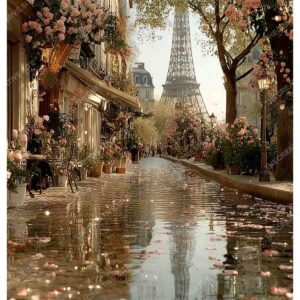Dreamy Eiffel Tower with Floral Frame and Rainy Paris Vibe