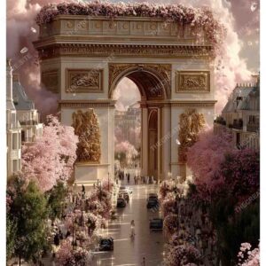 Dreamy Arc de Triomphe with Pink Flowers and Golden Glow