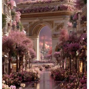 Dreamy Arc de Triomphe with Pink Flowers and Golden Glow in Paris