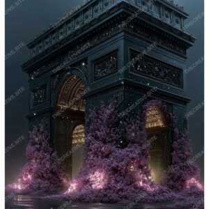 Dreamy Arc de Triomphe with Purple Flowers and Rainy Night