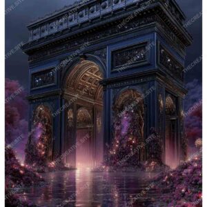 Dreamy Arc de Triomphe with Purple Flowers and Rainy Night