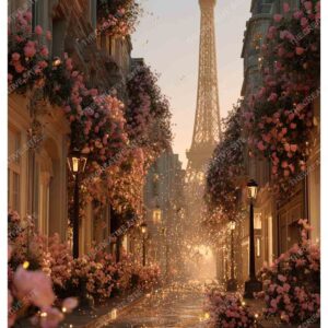 Dreamy Eiffel Tower with Floral Frame and Rainy Paris Vibe
