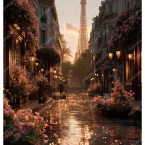 Dreamy Eiffel Tower with Floral Frame and Rainy Paris Vibe