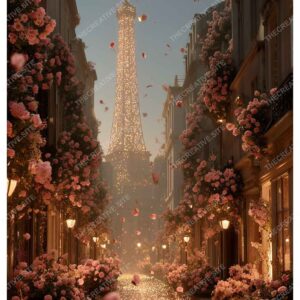 Dreamy Eiffel Tower with Floral Frame and Glowing Rainy Paris Vibe