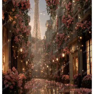 Dreamy Eiffel Tower with Floral Frame and Rainy Paris Vibe