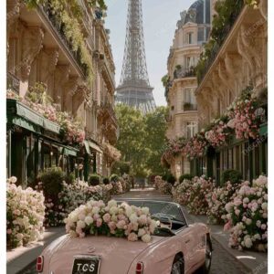 Romantic Pink Car with Flowers in Paris Street and Eiffel Tower View