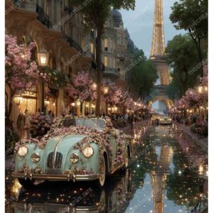 Romantic Car with Pink Flowers in Paris Street and Eiffel Tower View