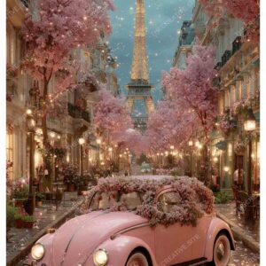 Romantic Pink Car with Flowers in Paris Street and Eiffel Tower View