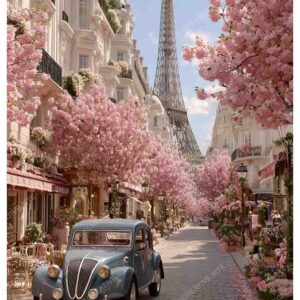 Romantic Vintage Car with  Pink Flowers in Paris Street and Eiffel Tower View