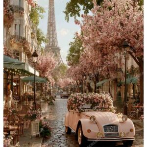 Romantic Pink Car with Flowers in Paris Street and Eiffel Tower View