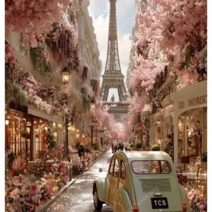 Romantic Car with Pink Flowers in Paris Street and Eiffel Tower View