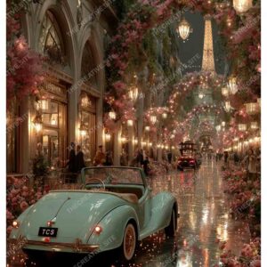 Romantic Night in Paris with Vintage Car and Eiffel Tower Lights
