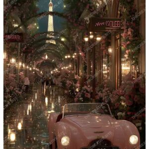 Romantic Night in Paris with Vintage Car and Eiffel Tower Lights