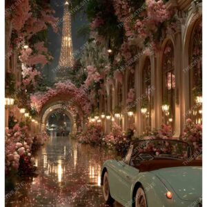 Romantic Night in Paris with Vintage Car and Eiffel Tower Lights